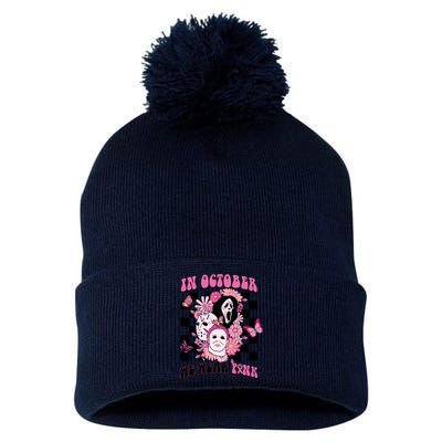 Halloween Horror Movie Characters Breast Cancer Pom Pom 12in Knit Beanie