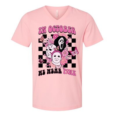 Halloween Horror Movie Characters Breast Cancer V-Neck T-Shirt