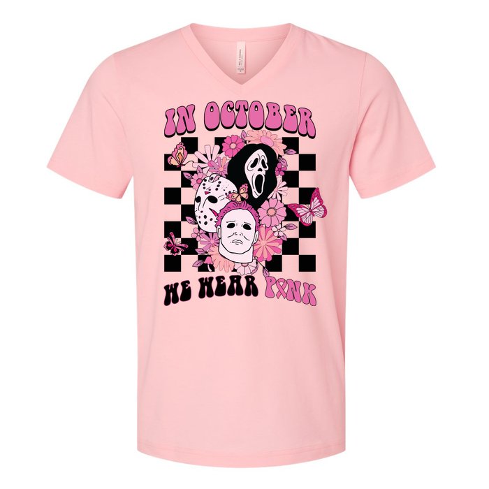 Halloween Horror Movie Characters Breast Cancer V-Neck T-Shirt