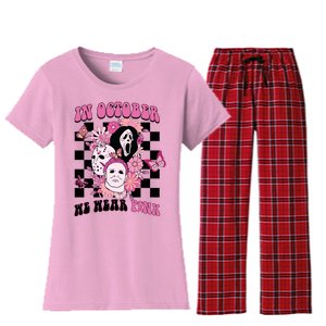 Halloween Horror Movie Characters Breast Cancer Women's Flannel Pajama Set