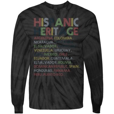 Hispanic Heritage Month Latino Countries Names Retro Vintage Tie-Dye Long Sleeve Shirt