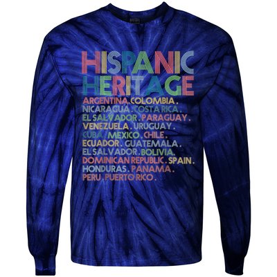 Hispanic Heritage Month Latino All Countries Names Tie-Dye Long Sleeve Shirt