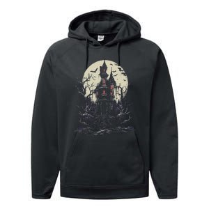 Haunted House Mansion Moon Halloween Decor Performance Fleece Hoodie