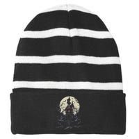 Haunted House Mansion Moon Halloween Decor Striped Beanie with Solid Band