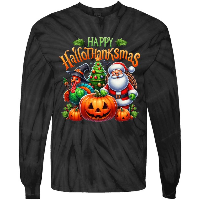 Happy Hallothanksmas Merry Christmas Halloween Thanksgiving Tie-Dye Long Sleeve Shirt