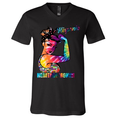 Hispanic Heritage Month Messy Bun Colorful V-Neck T-Shirt