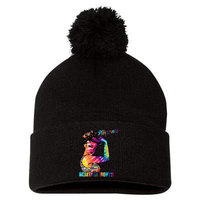 Hispanic Heritage Month Messy Bun Colorful Pom Pom 12in Knit Beanie