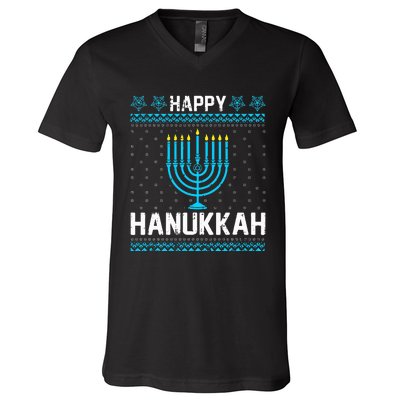 Happy Hanukkah Menorah Chanukah Jewish  V-Neck T-Shirt