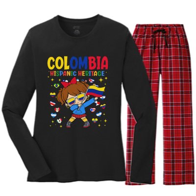 Hispanic Heritage Month Colombia Flag Colombian Girl Women's Long Sleeve Flannel Pajama Set 