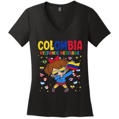 Hispanic Heritage Month Colombia Flag Colombian Girl Women's V-Neck T-Shirt