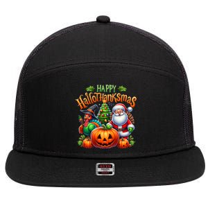 Happy Hallothanksmas Merry Christmas Halloween Thanksgiving 7 Panel Mesh Trucker Snapback Hat