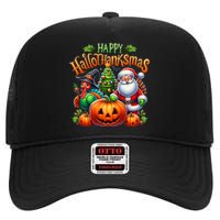 Happy Hallothanksmas Merry Christmas Halloween Thanksgiving High Crown Mesh Back Trucker Hat