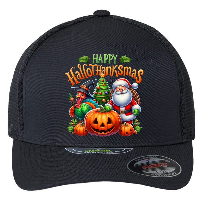 Happy Hallothanksmas Merry Christmas Halloween Thanksgiving Flexfit Unipanel Trucker Cap