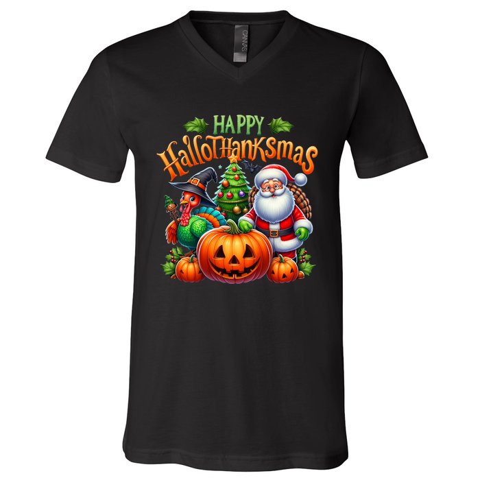 Happy Hallothanksmas Merry Christmas Halloween Thanksgiving V-Neck T-Shirt