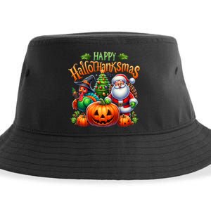 Happy Hallothanksmas Merry Christmas Halloween Thanksgiving Sustainable Bucket Hat