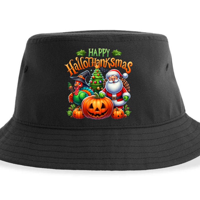 Happy Hallothanksmas Merry Christmas Halloween Thanksgiving Sustainable Bucket Hat