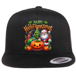 Happy Hallothanksmas Merry Christmas Halloween Thanksgiving Flat Bill Trucker Hat