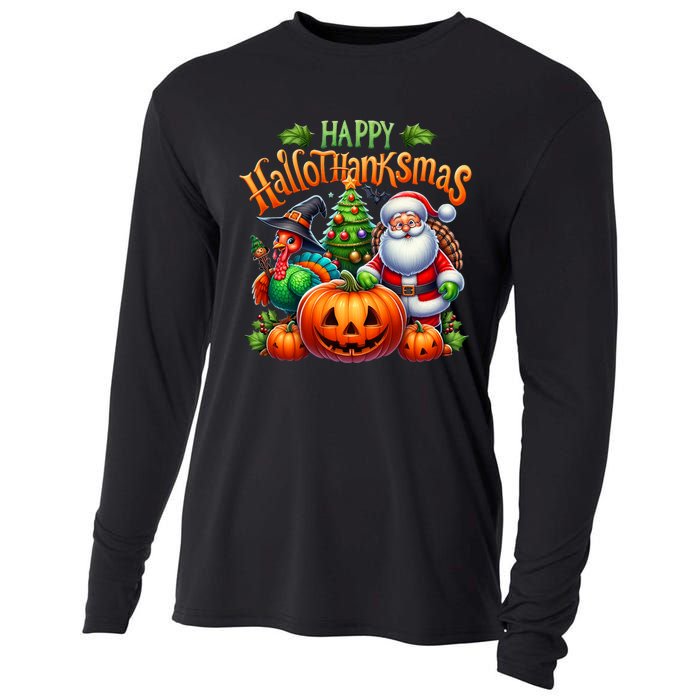 Happy Hallothanksmas Merry Christmas Halloween Thanksgiving Cooling Performance Long Sleeve Crew