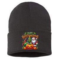 Happy Hallothanksmas Merry Christmas Halloween Thanksgiving Sustainable Knit Beanie