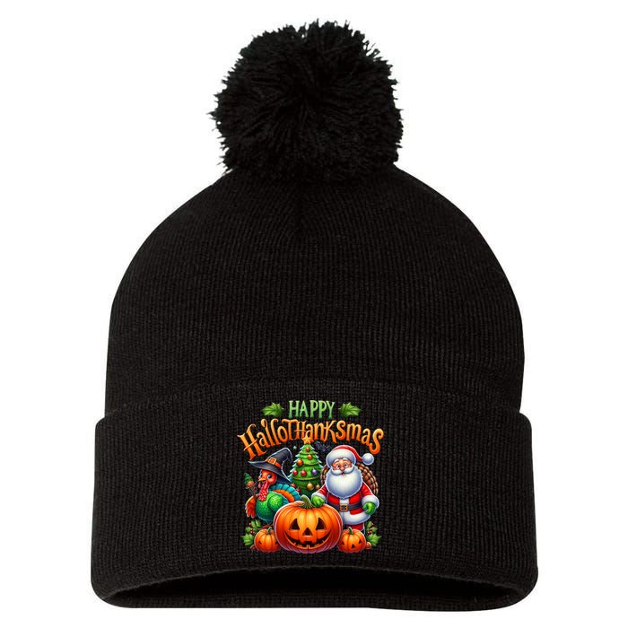 Happy Hallothanksmas Merry Christmas Halloween Thanksgiving Pom Pom 12in Knit Beanie