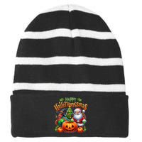 Happy Hallothanksmas Merry Christmas Halloween Thanksgiving Striped Beanie with Solid Band