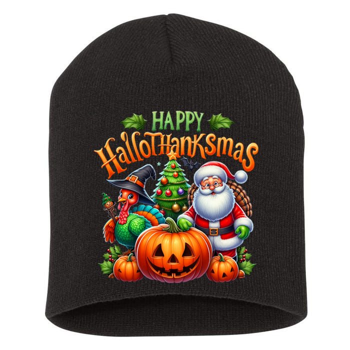 Happy Hallothanksmas Merry Christmas Halloween Thanksgiving Short Acrylic Beanie