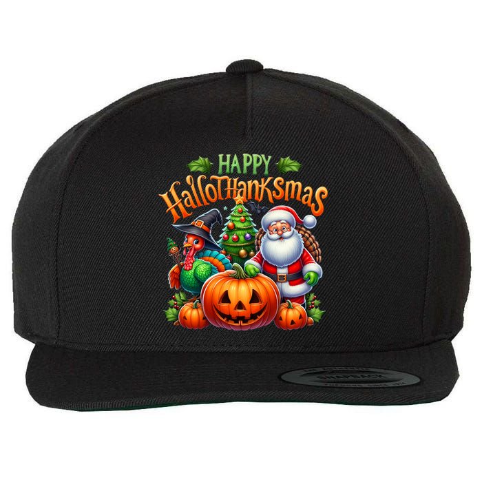 Happy Hallothanksmas Merry Christmas Halloween Thanksgiving Wool Snapback Cap