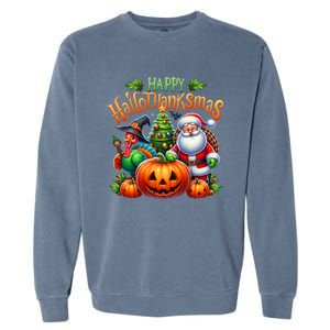 Happy Hallothanksmas Merry Christmas Halloween Thanksgiving Garment-Dyed Sweatshirt