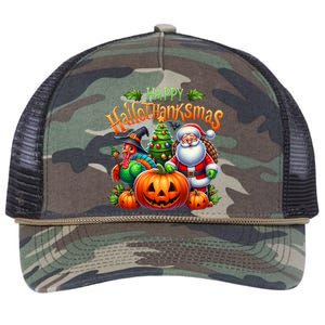 Happy Hallothanksmas Merry Christmas Halloween Thanksgiving Retro Rope Trucker Hat Cap