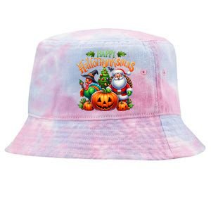 Happy Hallothanksmas Merry Christmas Halloween Thanksgiving Tie-Dyed Bucket Hat