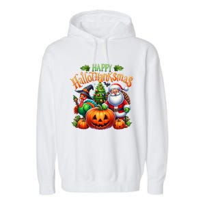 Happy Hallothanksmas Merry Christmas Halloween Thanksgiving Garment-Dyed Fleece Hoodie