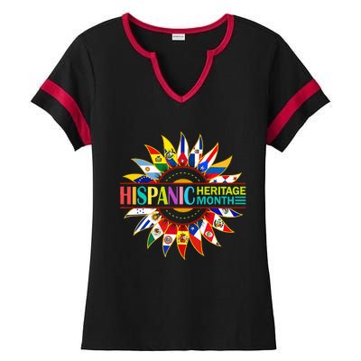 Hispanic Heritage Month Latino Countries Flags Sunflower Ladies Halftime Notch Neck Tee