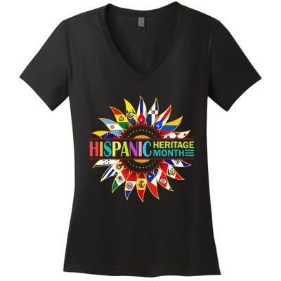 Hispanic Heritage Month Latino Countries Flags Sunflower Women's V-Neck T-Shirt