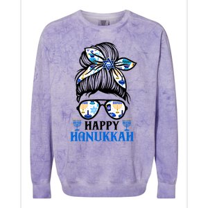 Happy Hanukkah Messy Bun Jewish Christmas Pajamas Colorblast Crewneck Sweatshirt