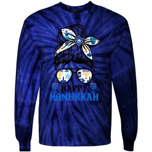 Happy Hanukkah Messy Bun Jewish Christmas Pajamas Tie-Dye Long Sleeve Shirt