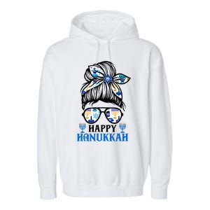 Happy Hanukkah Messy Bun Jewish Christmas Pajamas Garment-Dyed Fleece Hoodie