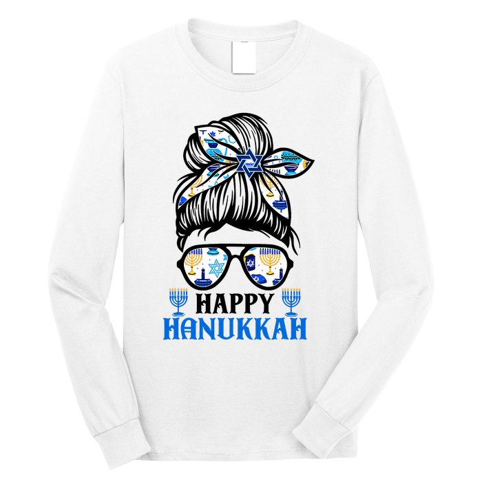 Happy Hanukkah Messy Bun Jewish Christmas Pajamas Long Sleeve Shirt