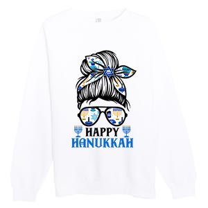 Happy Hanukkah Messy Bun Jewish Christmas Pajamas Premium Crewneck Sweatshirt