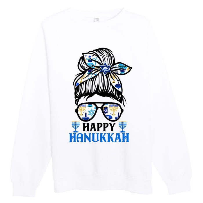 Happy Hanukkah Messy Bun Jewish Christmas Pajamas Premium Crewneck Sweatshirt