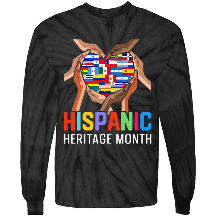 Hispanic Heritage Month All Countries Heart Hands Tie-Dye Long Sleeve Shirt