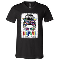 Hispanic Heritage Month Flags Messy Bun Hispanic Girl V-Neck T-Shirt