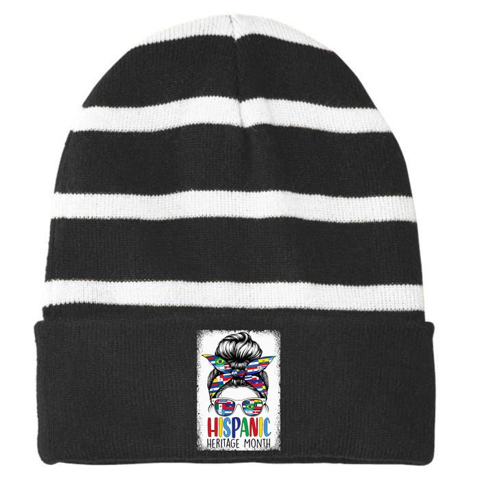 Hispanic Heritage Month Flags Messy Bun Hispanic Girl Striped Beanie with Solid Band