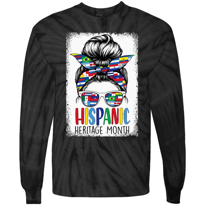 Hispanic Heritage Month Flags Messy Bun Hispanic Girl Tie-Dye Long Sleeve Shirt