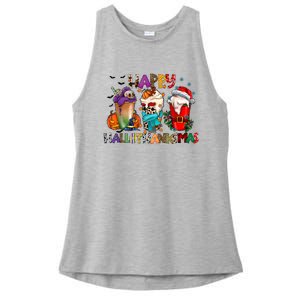 Happy Hallothanksmas Merry Christmas Thanksgiving Halloween Ladies PosiCharge Tri-Blend Wicking Tank