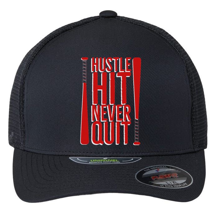 Hustle Hit Never Quit Baseball Saying Practice Workout Fan Flexfit Unipanel Trucker Cap