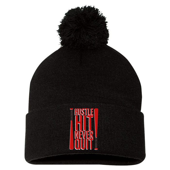 Hustle Hit Never Quit Baseball Saying Practice Workout Fan Pom Pom 12in Knit Beanie