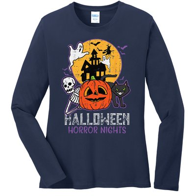 Halloween Horror Nights Retro Movie Poster Spooky Skeleton Ladies Long Sleeve Shirt