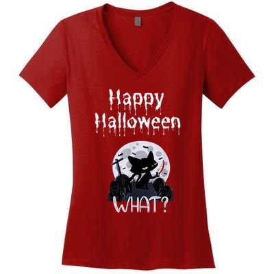Happy Halloween Night With Black Cat Women's V-Neck T-Shirt