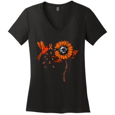 Hummingbird Holding Orange Ribbon Kidney Cancer Awareness Women's V-Neck T-Shirt