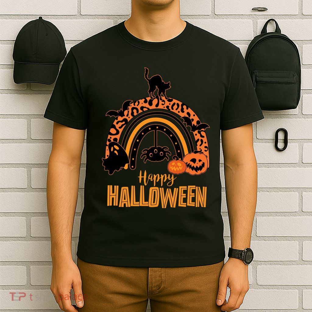 Happy Halloween Orange Patterned Rainbow T-Shirt